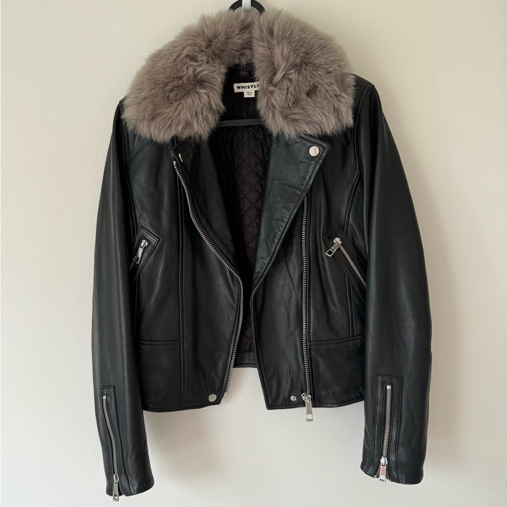 Whistles black 100% lamb leather biker jacket with lamb fur collar
